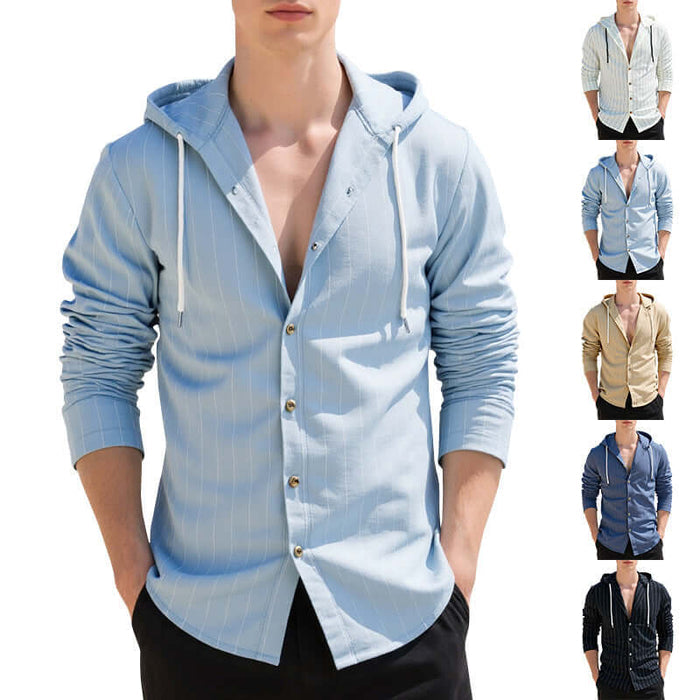Mens Slim Fit Hooded Linen Long Sleeve Striped Casual Shirt dark blue striped