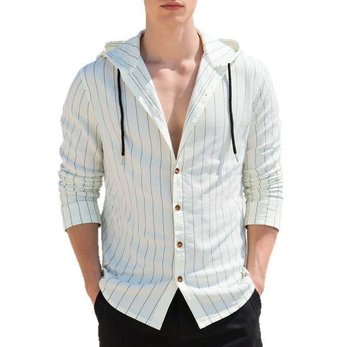 Mens Slim Fit Hooded Linen Long Sleeve Striped Casual Shirt size L 51cm shoulder