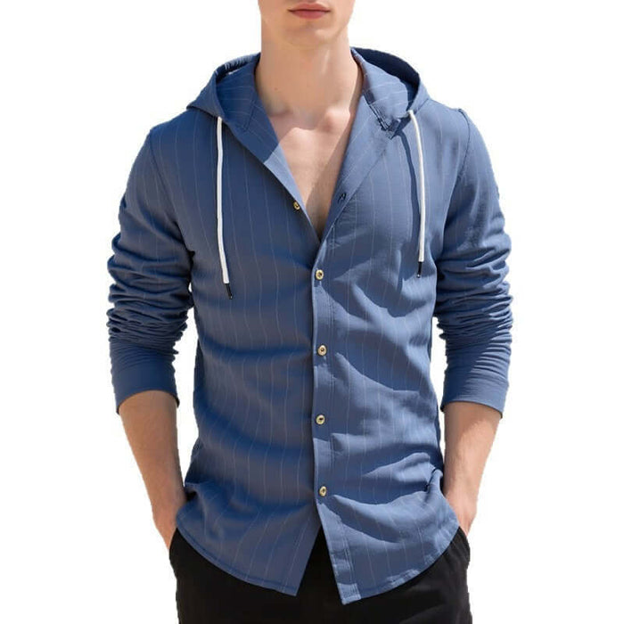Mens Slim Fit Hooded Linen Long Sleeve Striped Casual Shirt size XL 67cm sleeve