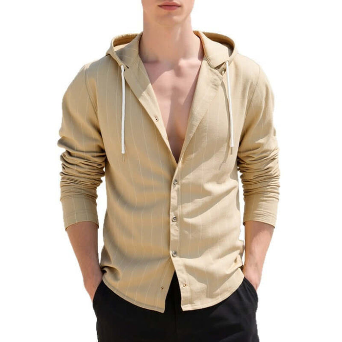 Mens Slim Fit Hooded Linen Long Sleeve Striped Casual Shirt khaki linen