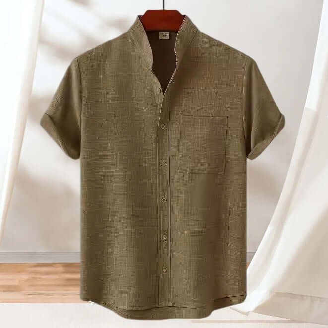 Mens Solid Color Casual Cotton Shirt - Regular Fit Pocket Top in a stylish brown color.