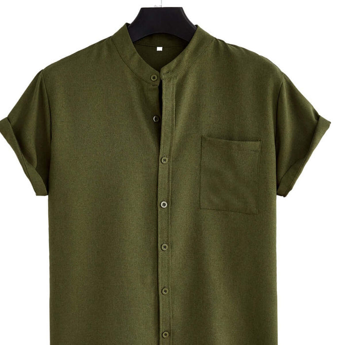 Mens Solid Color Casual Cotton Shirt - Regular Fit Pocket Top in olive green color, featuring short sleeves and a button-up design.