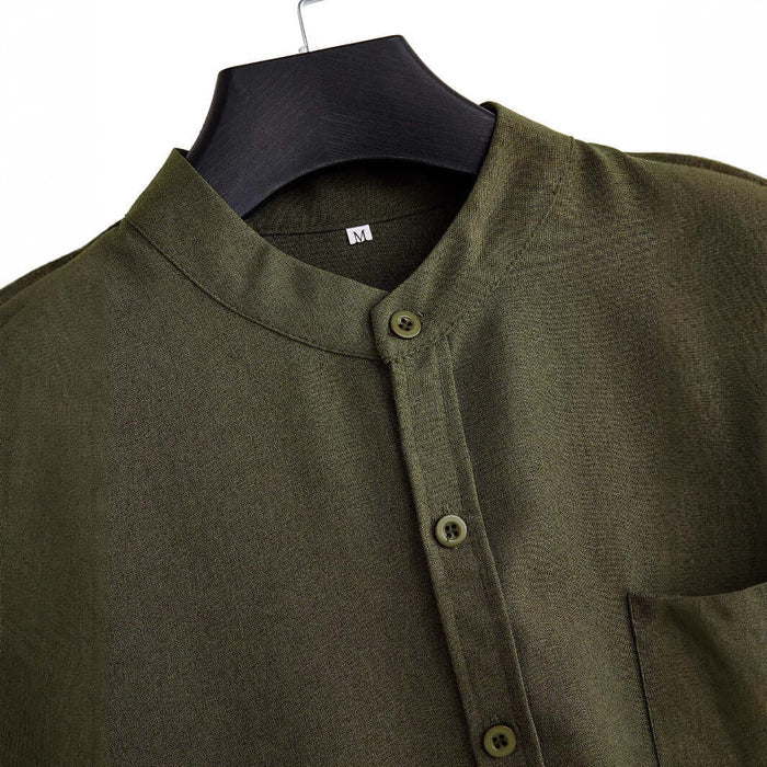 Mens Solid Color Casual Cotton Shirt in olive green, featuring a regular fit and a pocket detail.