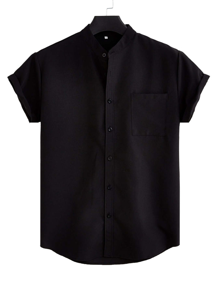 Mens Solid Color Casual Cotton Shirt - Regular Fit Pocket Top in black with short sleeves.