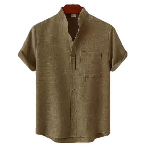 Mens Solid Color Casual Cotton Shirt - Regular Fit Pocket Top in light brown color.