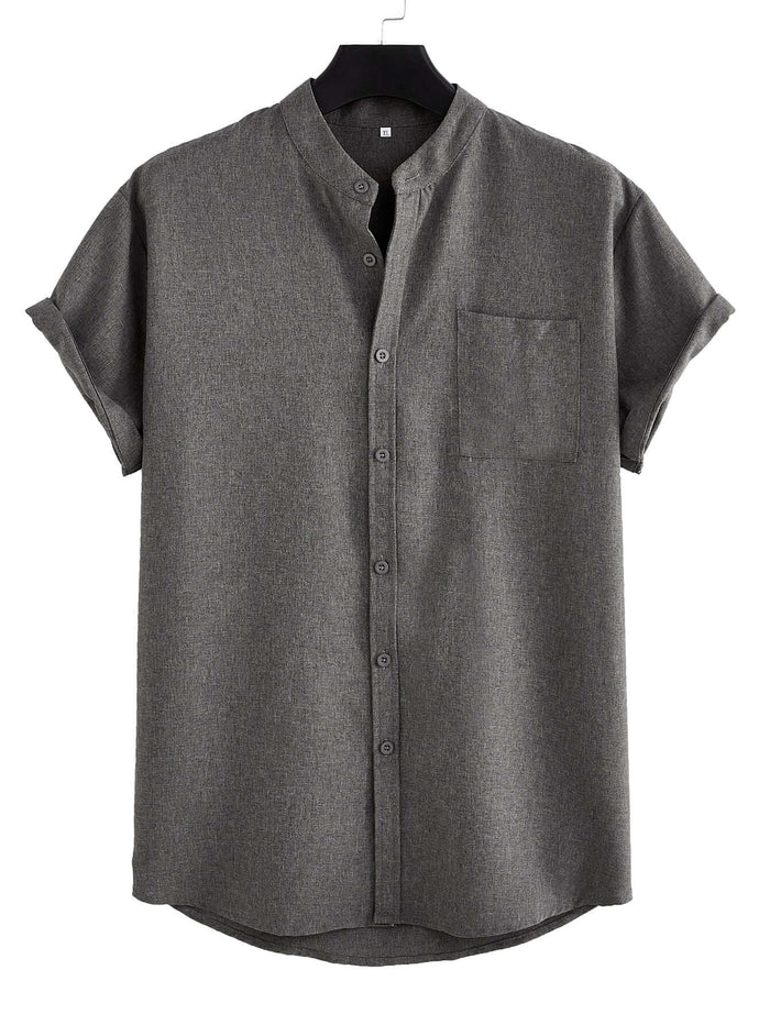 Mens Solid Color Casual Cotton Shirt - Regular Fit Pocket Top in gray color with short sleeves.
