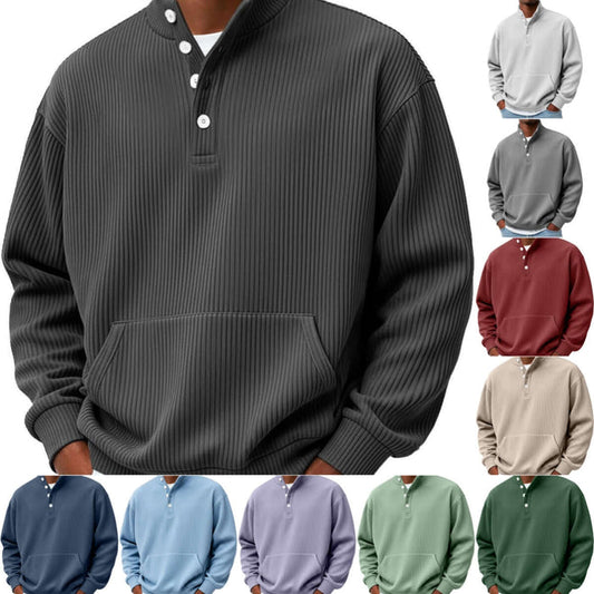 Mens Solid Color Turtleneck Polo Sweatshirt with Pockets dark green long sleeve view.
