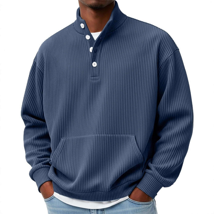 Mens Solid Color Turtleneck Polo Sweatshirt with Pockets grey polyester fabric detail.