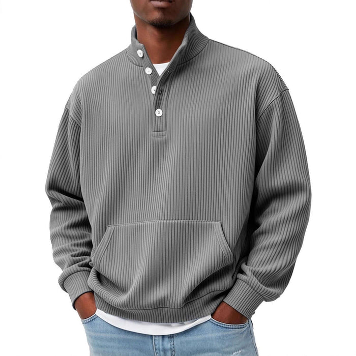 Mens Solid Color Turtleneck Polo Sweatshirt with Pockets black loose fit top.
