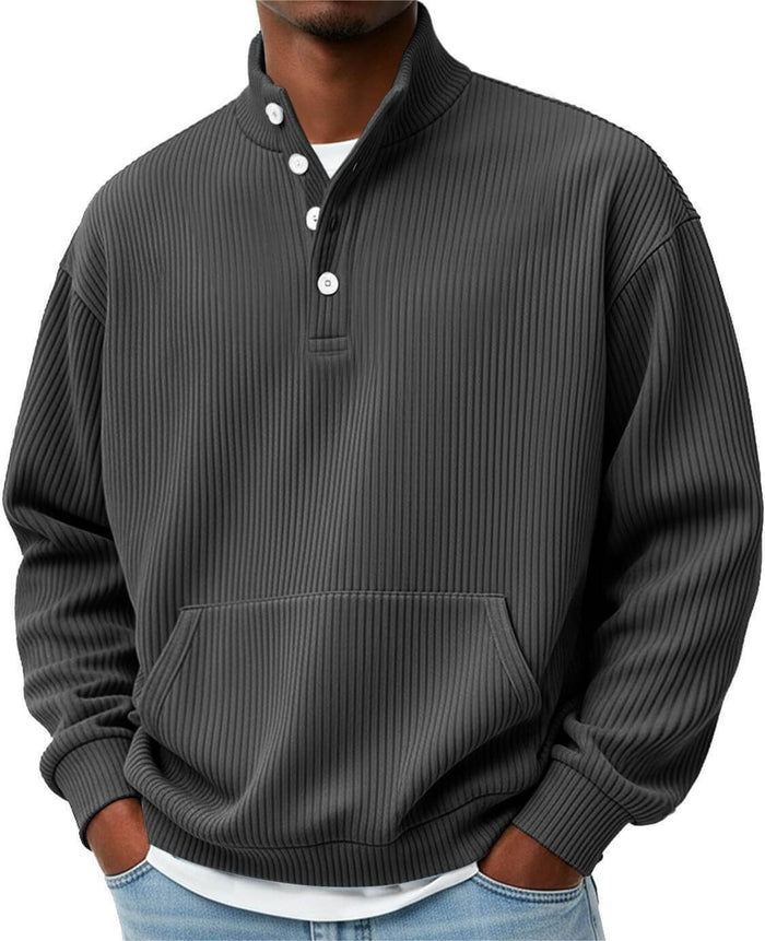 Mens Solid Color Turtleneck Polo Sweatshirt with Pockets white turtleneck neckline.