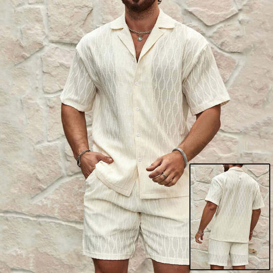 Mens Summer Casual Button Shirt And Shorts Set in light color, perfect for warm weather and stylish summer outings.