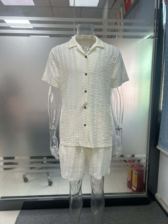 Mens Summer Casual Button Shirt And Shorts Set displayed on a mannequin, featuring a textured white fabric and button details.