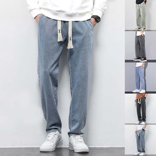 Men's Summer Loose Wide Leg Drawstring Jeans close angle focusing on the unique gathered elasticated waistband detail