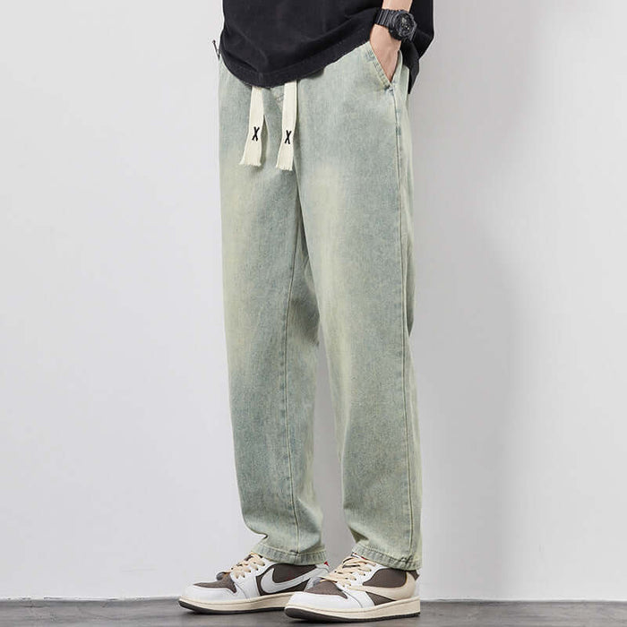Men's Summer Loose Wide Leg Drawstring Jeans showing secure heavy knit front tie cords with reinforced plastic aglets
