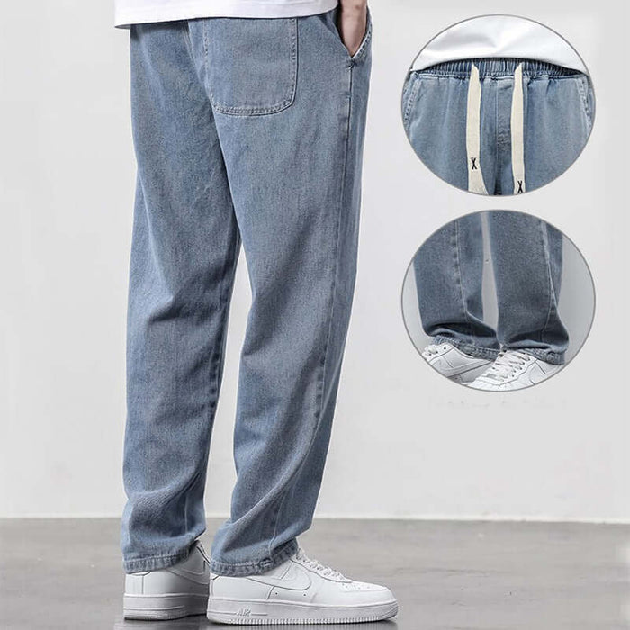 Men's Summer Loose Wide Leg Drawstring Jeans back view illustrating deep clean functional patch pocket placements smoothly