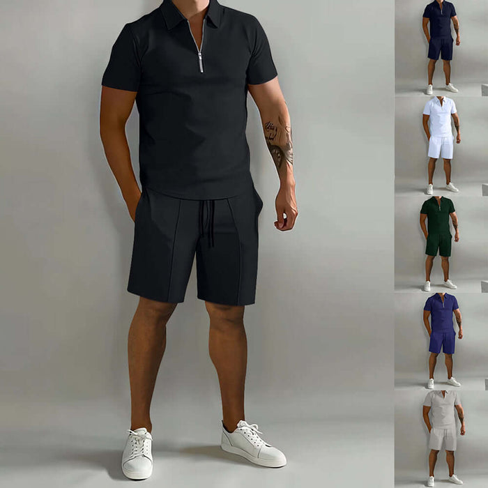 Mens Summer Polo Shirt And Drawstring Shorts Set in black, featuring a stylish zip collar and matching shorts.