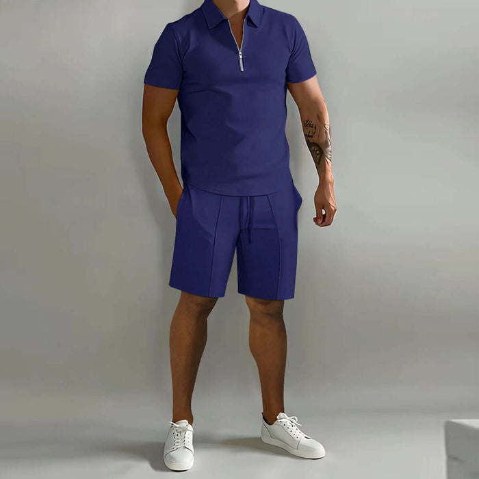 Mens Summer Polo Shirt And Drawstring Shorts Set in navy color, model wearing a short-sleeve polo and matching shorts.