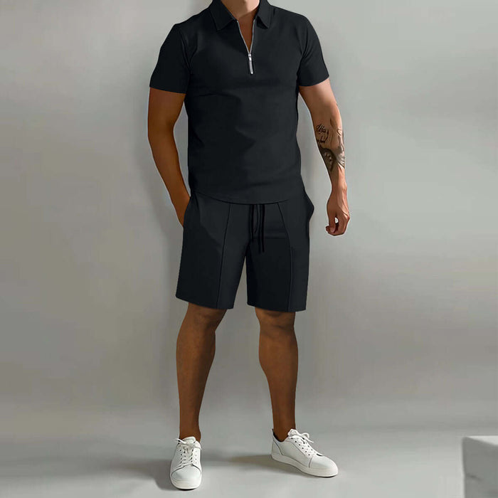 Mens Summer Polo Shirt And Drawstring Shorts Set in black color worn by a male model.