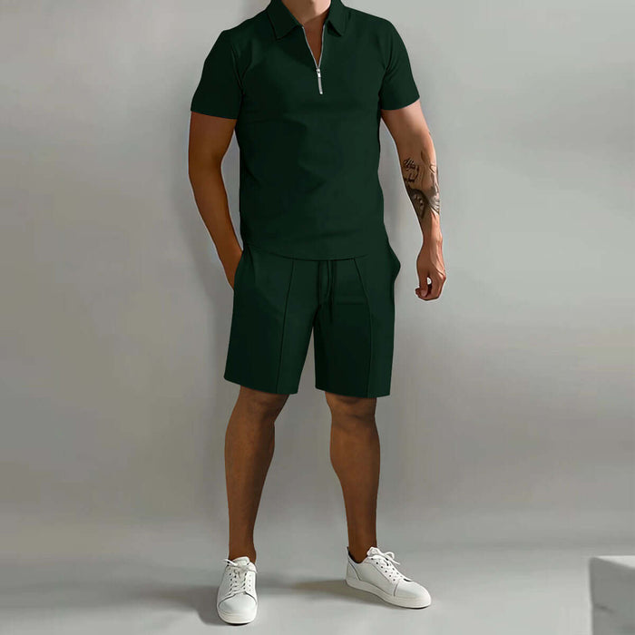 Mens Summer Polo Shirt And Drawstring Shorts Set in dark green, model wearing stylish summer outfit.