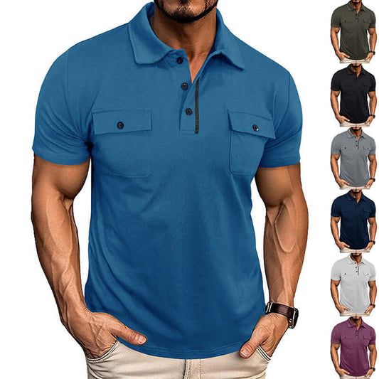 Mens Summer Short Sleeve Button Lapel Pocket Polo Shirt in blue, featuring button lapels and two chest pockets, modeled by a man.