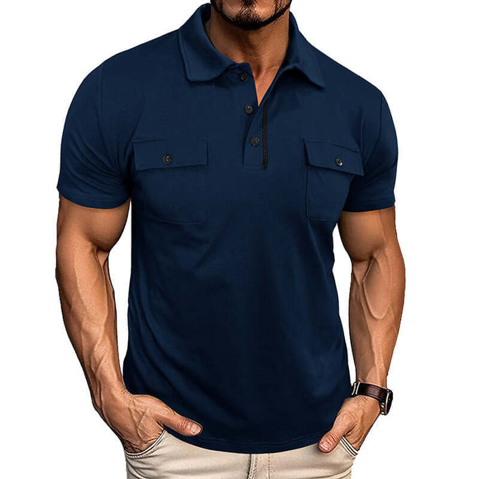 Mens Summer Short Sleeve Button Lapel Pocket Polo Shirt in navy with two front pockets, perfect for casual wear.