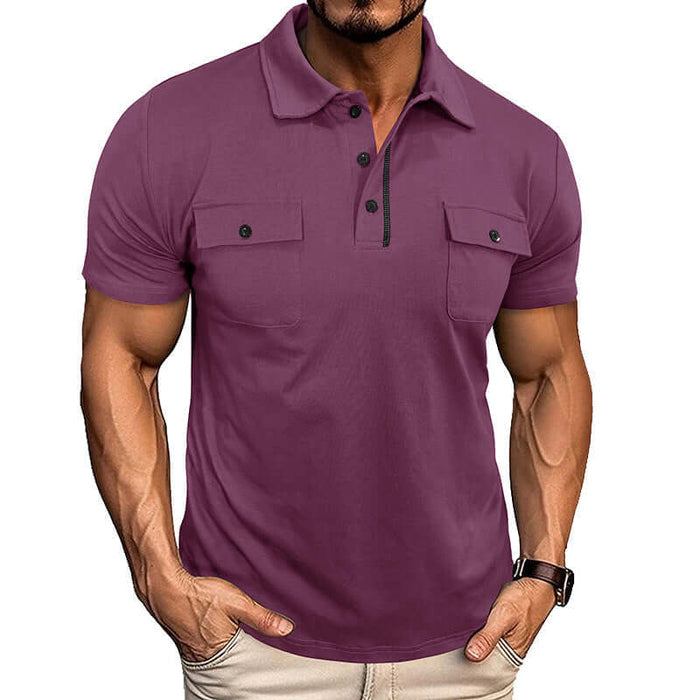 Mens Summer Short Sleeve Button Lapel Pocket Polo Shirt in vibrant purple color, featuring short sleeves and two front pockets.