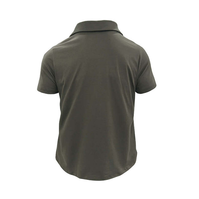 Back view of Mens Summer Short Sleeve Button Lapel Pocket Polo Shirt in dark green.