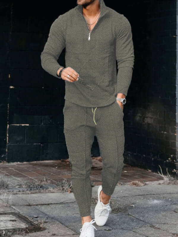 Mens Textured Half Zip Stand Collar Suit Casual Warm Fit+ front