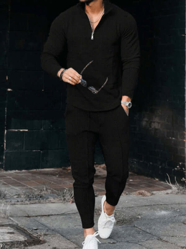Mens Textured Half Zip Stand Collar Suit Casual Warm Fit+ back