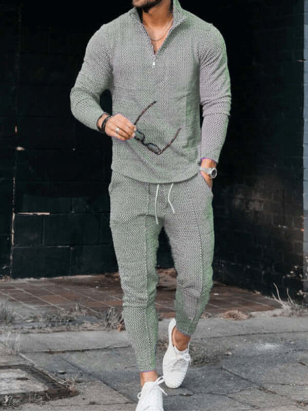 Mens Textured Half Zip Stand Collar Suit Casual Warm Fit+ zipper closeup