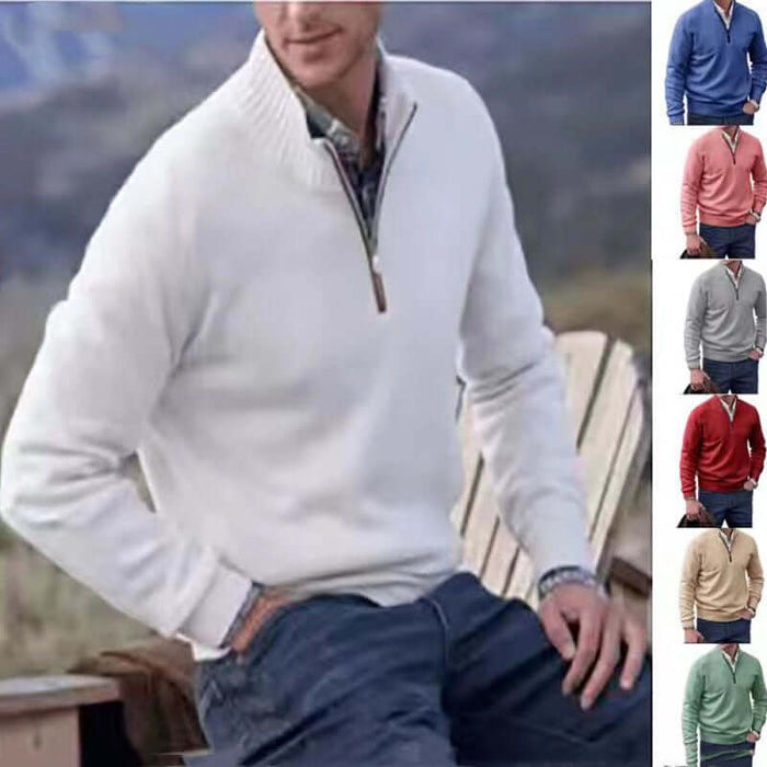 Mens Zipper Stand Collar Knitted Pullover Sweater red fashion