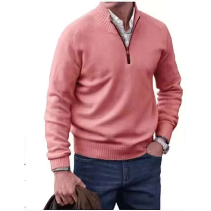 Mens Zipper Stand Collar Knitted Pullover Sweater black casual