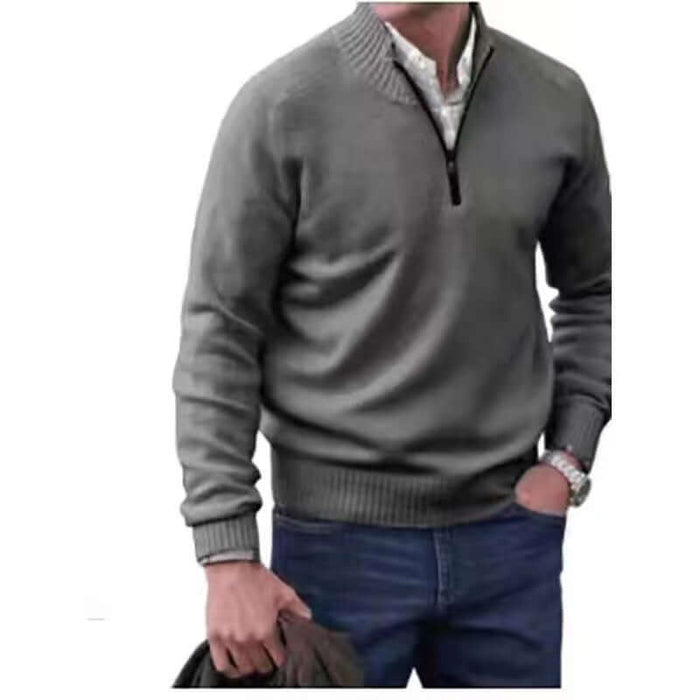 Mens Zipper Stand Collar Knitted Pullover Sweater grey winter wear