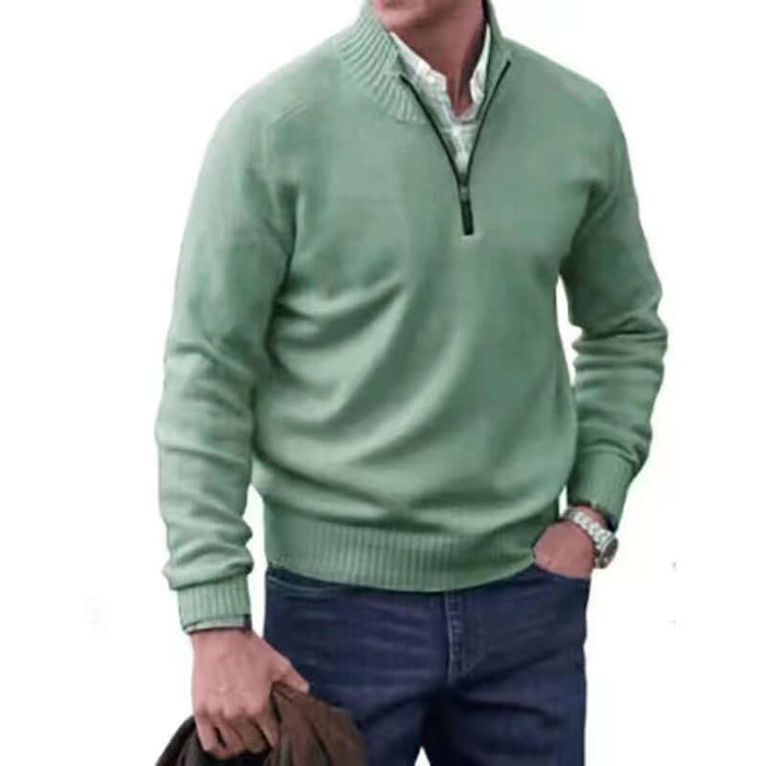 Mens Zipper Stand Collar Knitted Pullover Sweater green stylish sweater