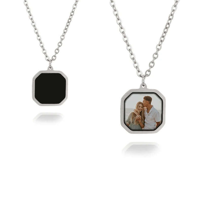 Metal Geometric Block Magic Necklace with custom photo pendant and sleek chain design