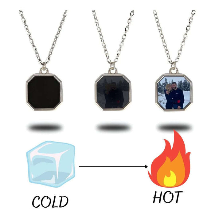 Metal Geometric Block Magic Necklace showing color change from cold to hot with unique design and chain.