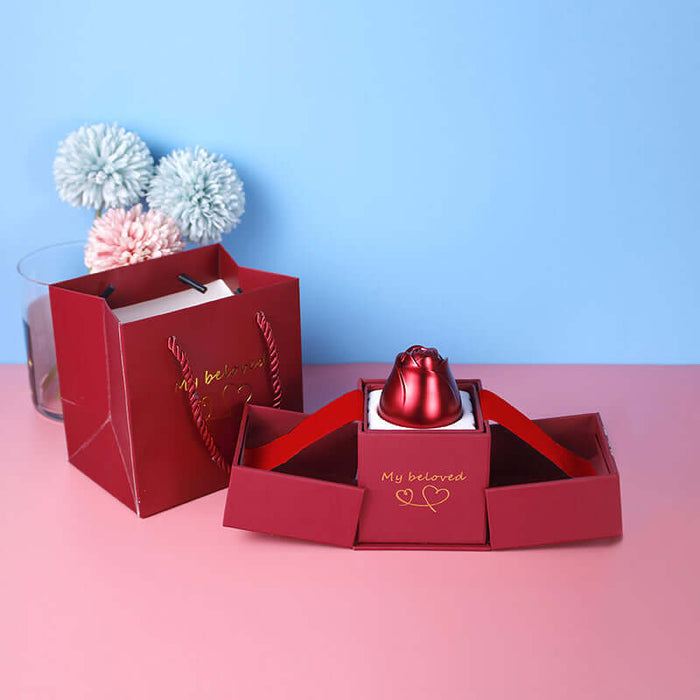 Metal Rose Jewelry Gift Box with Crystal Necklace elegantly displayed in a romantic red packaging.
