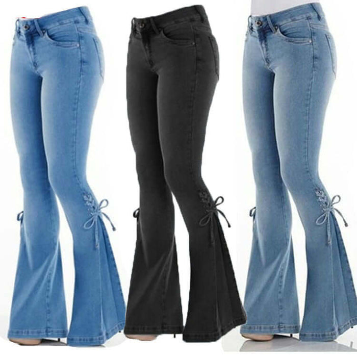 Mid Waisted Stretch Denim Flare Jeans in blue and black, showcasing stylish lace-up details on the flared hem.