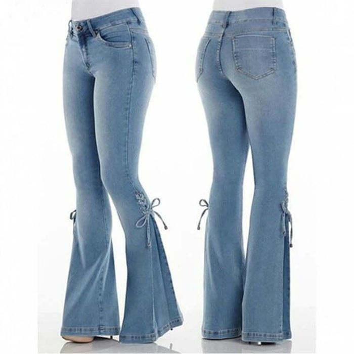 Mid Waisted Stretch Denim Flare Jeans for women in light blue featuring stylish flared bottoms and tie details.