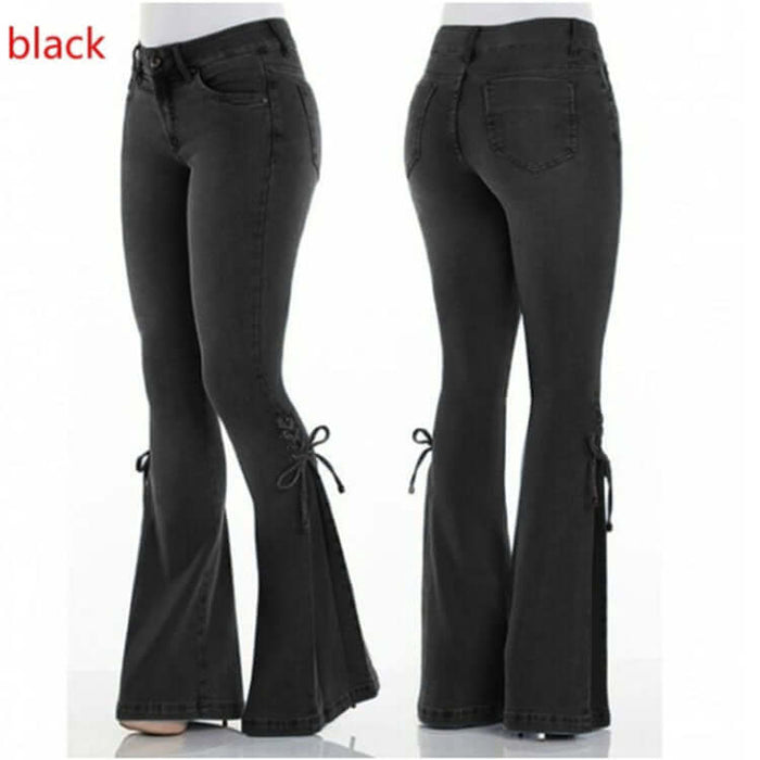 Mid Waisted Stretch Denim Flare Jeans in black, featuring a stylish flared design and tie detail on the sides.