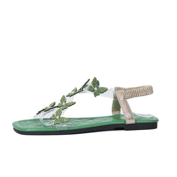 New Butterfly Rhinestone Summer Square Toe Flat Sandals Trendy Casual Style