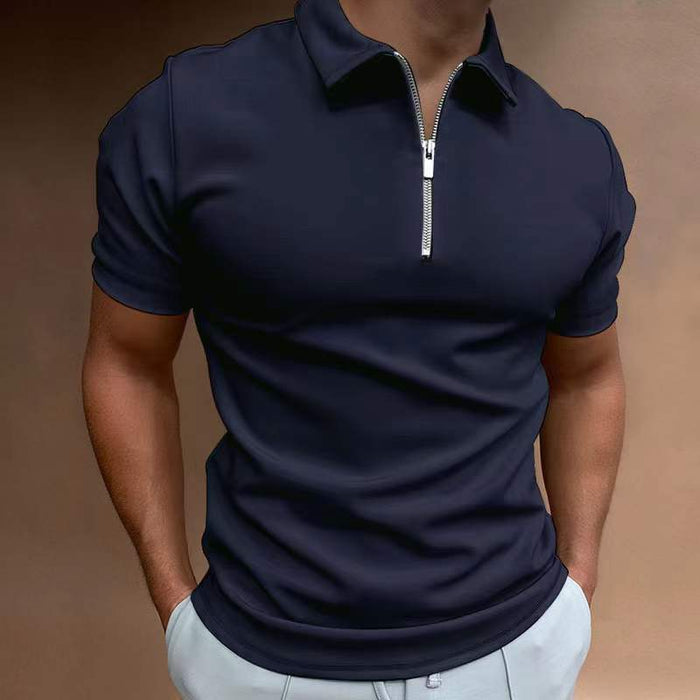 New Men's Casual Short Sleeve Digital Print POLO Shirt in navy color with a zip collar, designed for stylish comfort.