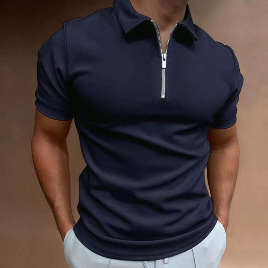 New Men's Casual Short Sleeve Digital Print POLO Shirt in navy color with a zip collar, designed for stylish comfort.