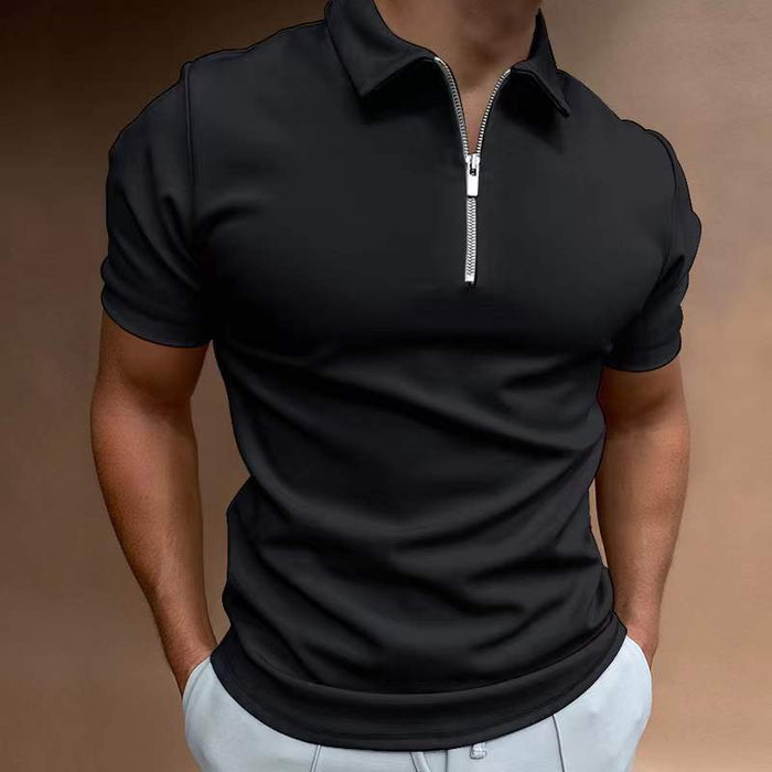 New Men's Casual Short Sleeve Digital Print POLO Shirt in black with zip collar, perfect for stylish comfort.