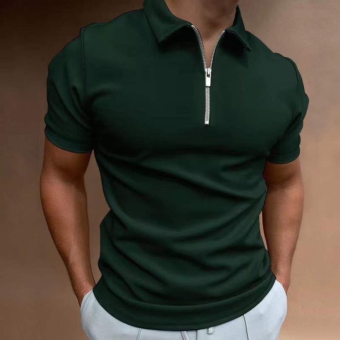 New Men's Casual Short Sleeve Digital Print POLO Shirt in dark green with zipper detail.