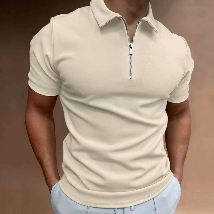 New Men's Casual Short Sleeve Digital Print POLO Shirt in beige with zip collar, stylish and comfortable fit.