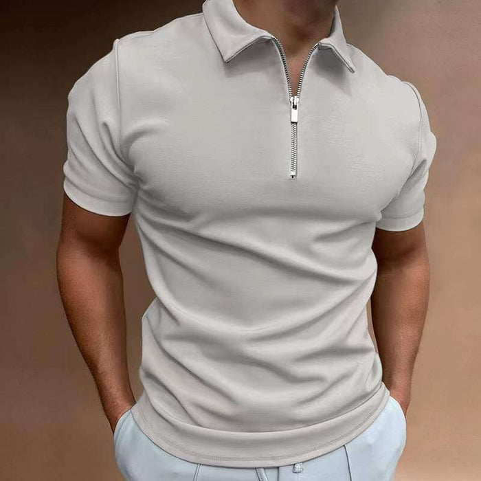 New Men's Casual Short Sleeve Digital Print POLO Shirt in light gray with zip collar, perfect for stylish casual wear.