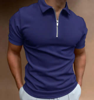 New Men's Casual Short Sleeve Digital Print POLO Shirt in dark blue with zip collar, perfect for casual wear.