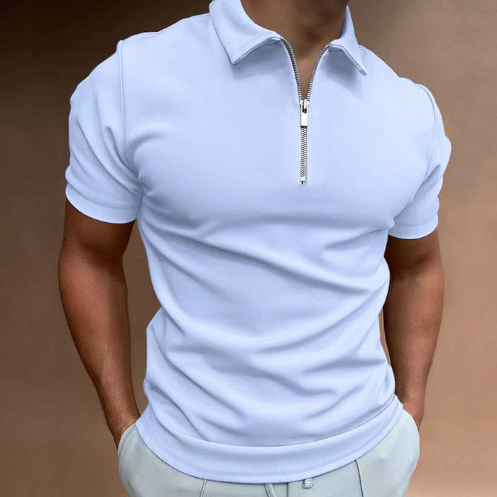 New Men's Casual Short Sleeve Digital Print POLO Shirt in light blue color with zip collar.