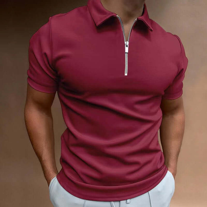 New Men's Casual Short Sleeve Digital Print POLO Shirt in maroon with a zip collar.